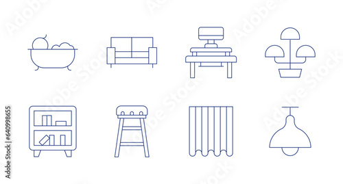 Home furniture icons. editable stroke. Containing bath, bookshelf, sofa, stool, countertop, curtains, flower pot, lamp.