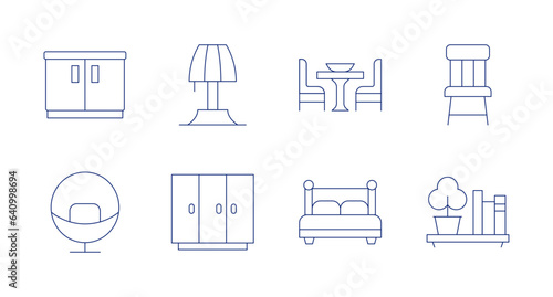 Home furniture icons. editable stroke. Containing cabinet, chair, table lamp, wardrobe, dining room, double bed, shelf, wooden chair.