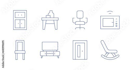 Home furniture icons. editable stroke. Containing cabinet, chair, table, tv, desk chair, door, microwave, rocking chair.