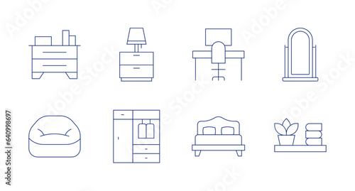 Home furniture icons. editable stroke. Containing cabinet, chair, table lamp, wardrobe, desk, double bed, mirror, shelf.