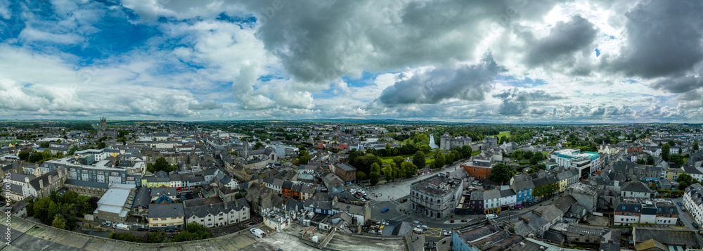 Aerial panorama of Kilkenny, city in Southern Ireland on the River Nore, views of the castle, Black abbey, St Canice's Cathedral, St. Francis Abbey