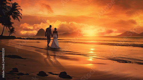 Bride and groom, newlyweds, honeymoon on the beach sunset © JKLoma