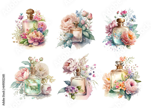 Set of watercolor perfume bottles isolated on white background. Bottle and bouquet of flowers.