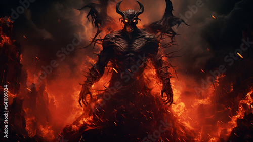 demon sitting painting horror halloween background scary wallpaper devil fire fierce. Generative AI