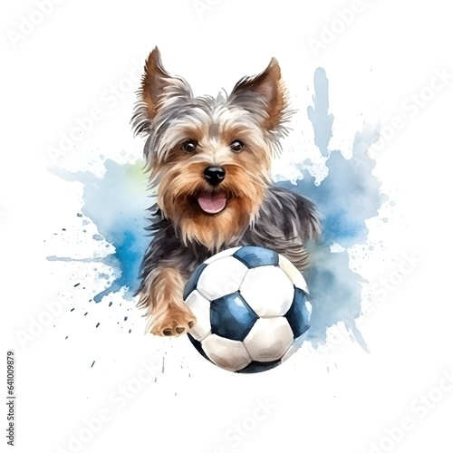 yorkshire terrier play football, on a white background