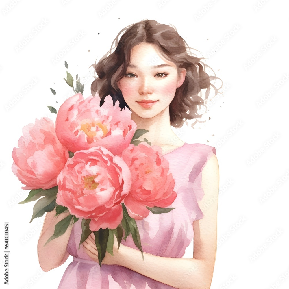 Beautiful girl with pink peonies isolate on white background Beautiful girl with pink peonies isolate on white background
