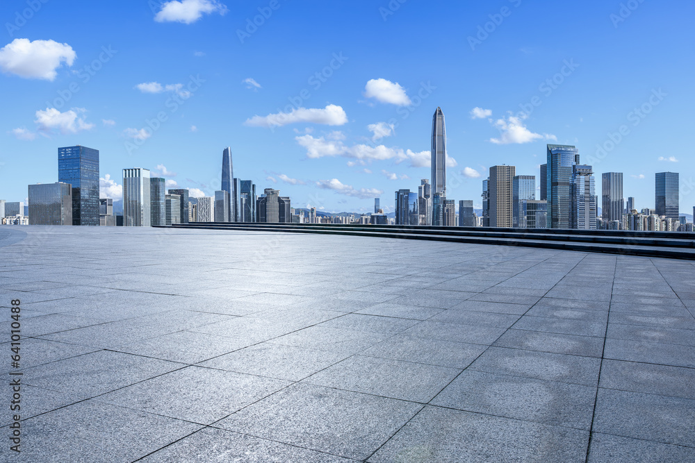 Empty square floors and city skyline with modern buildings scenery in Shenzhen, Guangdong Province, China.