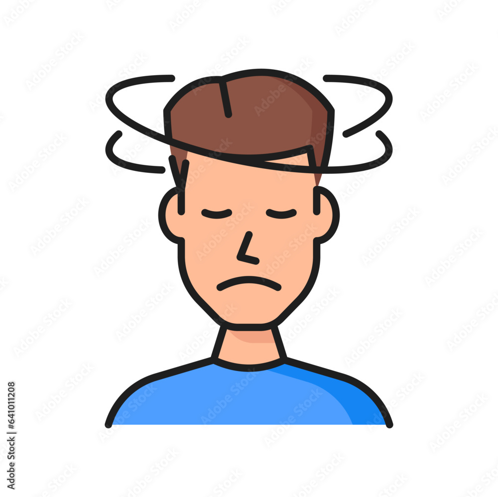 Allergy and fever dizziness symptom color icon. Health problem, virus infection or migraine, anxiety, stress and headache outline vector icon. Unhealthy sick man with dizzy head thin line symbol