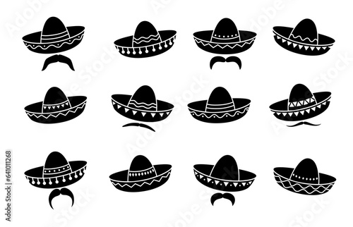 Mexican charro cowboy or mariachi musician sombrero hat icons and moustaches isolated monochrome vector set, representing traditional symbols of Mexico. Latino artist black and white headwear set