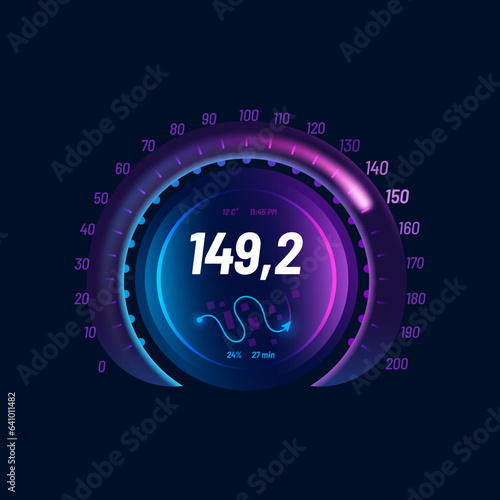 Speedometer neon dial, speed gauge dashboard, futuristic interface. Automobile dashboard indicator, speedometer counter or vehicle engine rev vector meter. Motorbike speed panel with navigation route