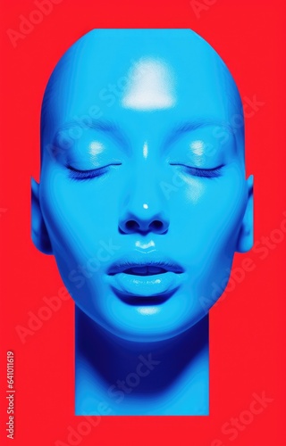 a Blue female face in a fashion style poster illustration with indie trendy retro vibes     Risograph print
