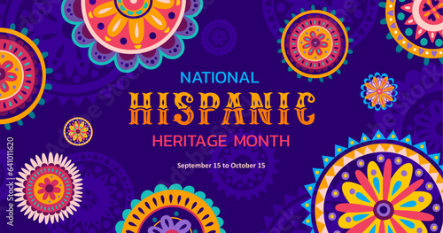 National hispanic heritage month banner with circle patterns. Vector background with bright colored alebrije style floral ornament, showcases rich cultural traditions and Spanish event celebration