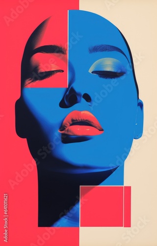 a Blue and Pink female face in a fashion style poster illustration with indie trendy retro vibes — Risograph print