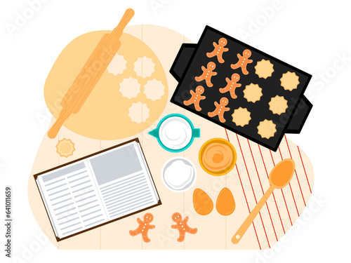 Teenager desktop top view. Flat vector illustration. Top view of wooden table. Kitchen background illustration