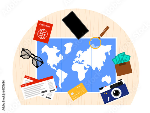 Teenager desktop top view. Flat vector illustration. Top view of wooden table. Workplace background illustration