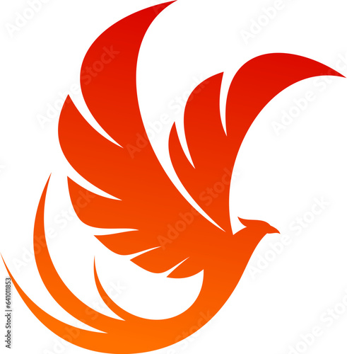 Phoenix bird, vector fenix flying with wings of fire and flames. Abstract fantasy firebird silhouette with flaming feathers, burning eagle, falcon or hawk heraldic symbol, emblem or coat of arms
