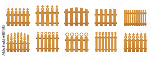 Wooden fence, farm ranch, garden palisade or banister, vector wood picket barrier. Cartoon wooden fence or house enclosure railing with rustic old planks, nails and arrowheads of entrance gates