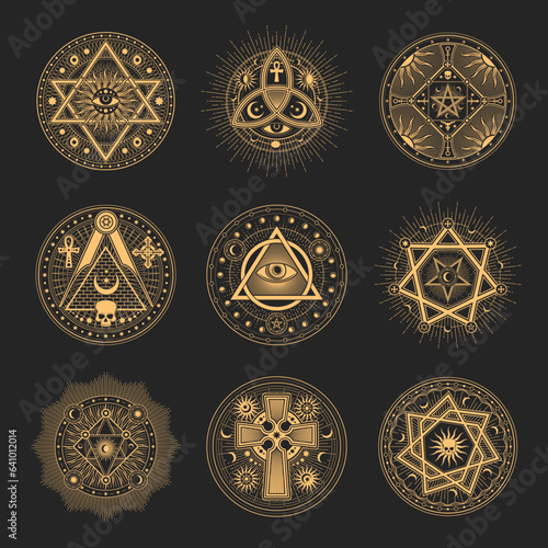 Occult and esoteric pentagram symbols, mason signs, magic tarot. Masonry lodge seals, occult tarot sign or esoteric line vector symbols set with mason compass, pentagram and all seeing eye, cross