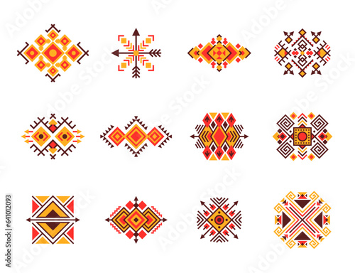 Mexican tribal motif patterns. Ethnic line ornament. Isolated vector set of traditional designs and symbols, reflecting the rich cultural heritage and indigenous artistry of Mexico. Embroidery samples
