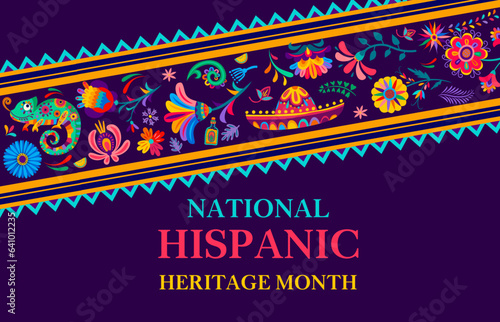 Decorative tropical flowers and plants pattern on national hispanic heritage month banner. Vector background for celebration, symbolizing rich cultural heritage and diversity of hispanic communities