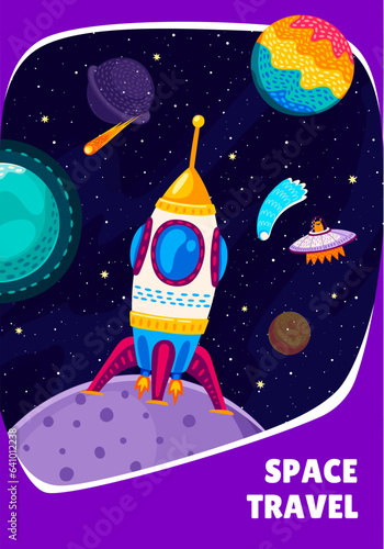 Space travel banner with cartoon spaceship stand on planet surface in starry galaxy. Vector futuristic cosmic mission poster with rocket shuttle engine travel in far Universe explore alien worlds