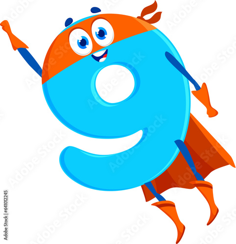 Cartoon math number nine superhero character wear cape and mask. Isolated vector flying educational digit defender school personage with big eyes and smiling mouth, ready to fight with ignorance