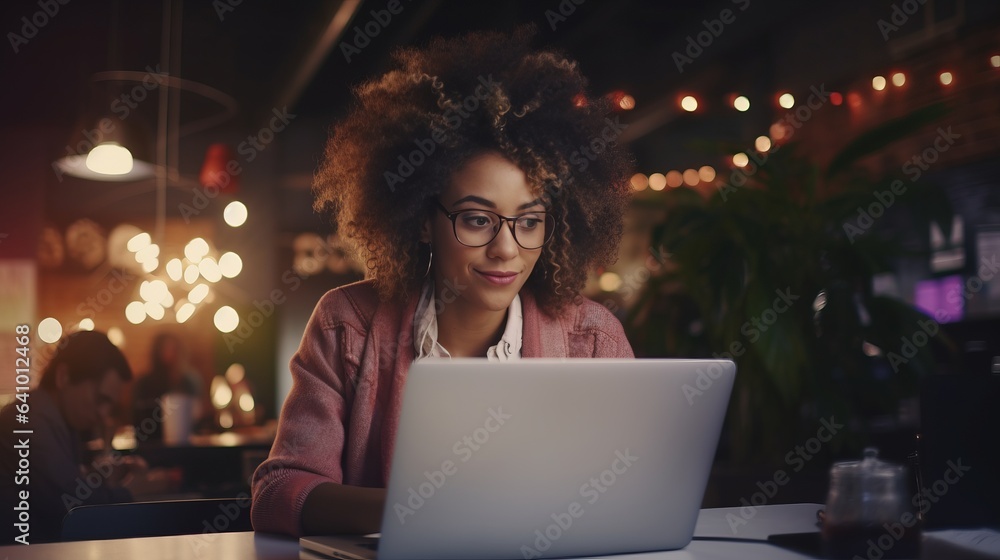 Black businesswoman sitting at the office table working on laptop computer at night of working late by generative AI illustration. Black businesswoman sitting at the office table working on laptop computer at night of working late by generative AI illustration.