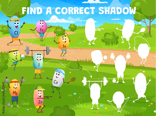 Find correct shadow of cartoon sportsman characters. Vector educational children game worksheet with Cl, Fe, Se, K, I, Ca, Mg and Zn micronutrient capsules personages exercise in park on sunny day