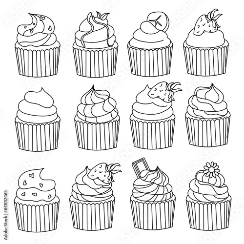 Cupcake line art for kid coloring book, kids education, food clipart, cute cupcake 