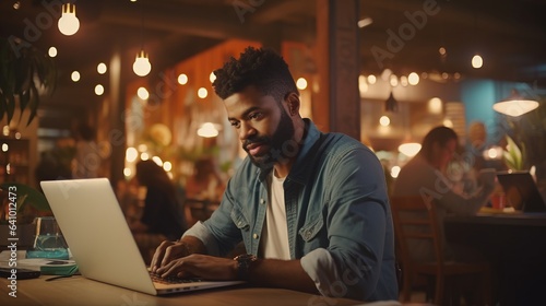 Black businessman sitting at the office table working on laptop computer at night of working late by generative AI illustration.