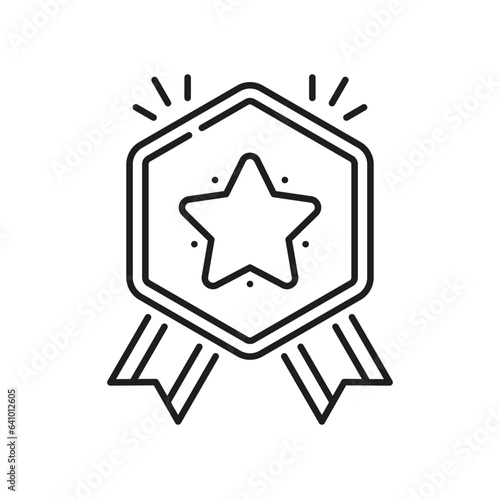 Golden star award gold round frame or plaque medal with ribbons outline icon. Vector ranking top quality sign, golden trophy reward