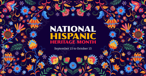 National hispanic heritage month flyer, floral pattern. Vector festival banner adorned with a captivating ethnic flowers ornament, showcasing the rich culture and contributions of hispanic communities