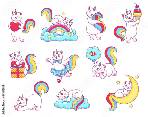 Cute funny cartoon caticorn characters. Magical caticorn, cute fairy kitten or magic unicorn cat cheerful vector personages. Fairytale creature adorable mascot sleeping on cloud, dreaming and dancing