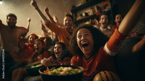 Excited friends watching soccer match by AI generate.