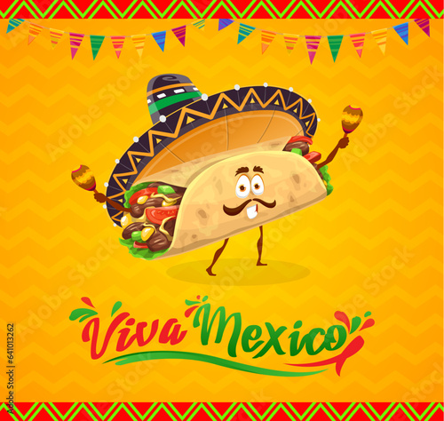 Cartoon mexican burrito character. Mexican holiday banner with funny tex mex food personage wear mariachi sombrero, playing traditional Viva Mexico rhythms on maracas during festive event celebration