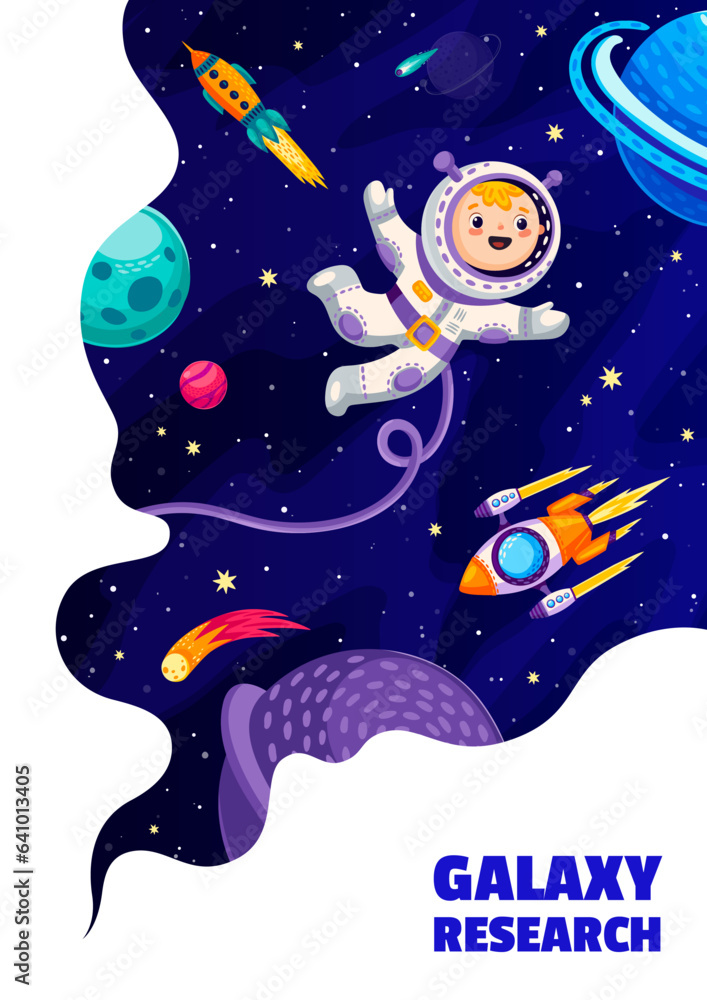 Space landing page. Flying rocket and kid astronaut in outer space with cartoon galaxy planets and stars vector template of website landing page. Astronomy project web banner with funny spaceman