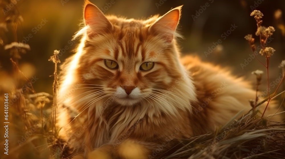 Exotic orange Maine Coon cat breed pet sitting at the grass nature background. Generative AI technology.