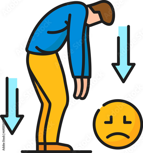 Apathy psychological disorder problem, mental health icon represents lack of interest. Vector linear sign with exhausted person symbolizes emotional detachment and indifference towards various matters