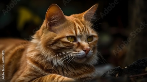 Exotic orange tabby cat breed pet sitting at the nature background. Generative AI technology. © Riocool