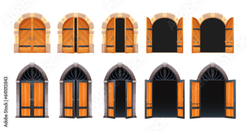 Cartoon castle open gate or door motion animation. Vector medieval palace or house entrance wooden arch animate sprite sheet of opening and closing, old stone doorway or wood gateway sequence frame