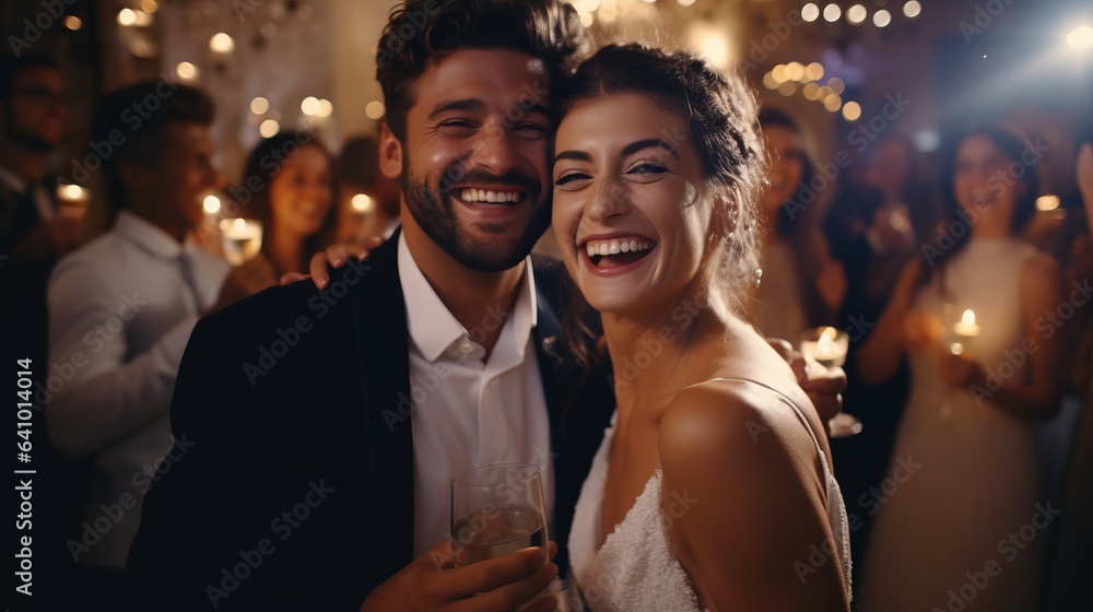 Couple partying in a nightclub and toasting drinks by AI generate.