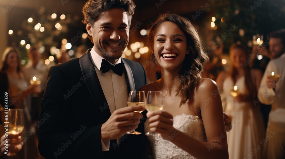 Couple partying in a nightclub and toasting drinks by AI generate.