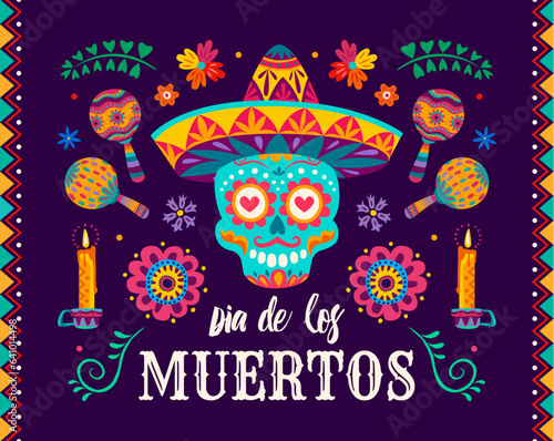 Calavera skull, tropical flowers and maracas on Dia de los Muertos banner. Dia de Los Muertos carnival vector background with musical instrument, ornate sugar skull in sombrero hat, marigold flower