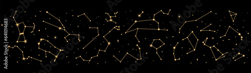Night sky map, star constellation border. Mystic astrology. Vector detailed chart displaying positions of celestial objects visible in night sky. Pattern for astronomy, esoteric, tarot, and magic