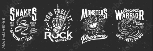 Viper, dragon and skeleton hand for tattoo, t-shirt print, sport club mascot, vector emblems. T shirt prints with snake or dragon monster for rock music or sport with slogans on grunge black