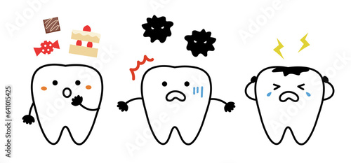 甘い物で虫歯になるかわいい歯のキャラクターのイラストセット