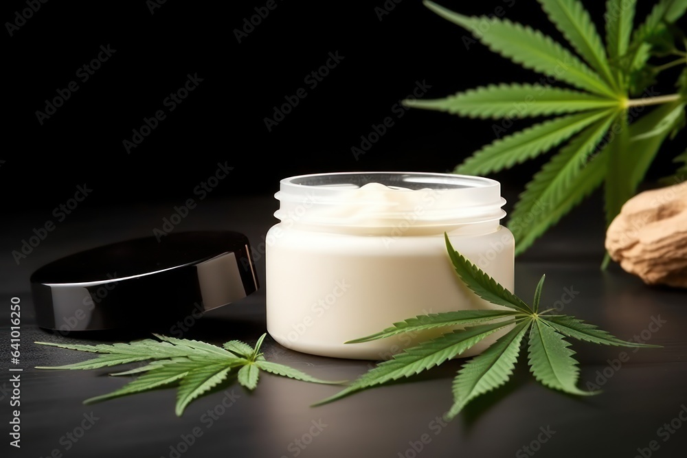 Green Leaf Cannabis meets White Cream Jar: Tabletop Elegance. Generative AI Green Leaf Cannabis meets White Cream Jar: Tabletop Elegance. Generative AI