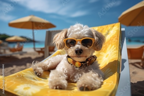 Laid-Back Poodle: Unwinding on Vacation on the beach. Generative AI