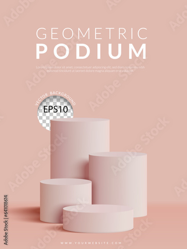 Four pink pastel color cylindrical minimal stand product podium on pink background. Vector illustration