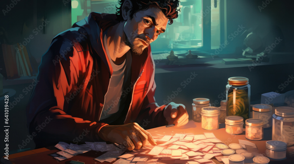 Cartoon Drug dealer asking for money for narcotics and drugs. Many types of drugs lying on table in front of him. Drugs concept. - obrazy, fototapety, plakaty 
